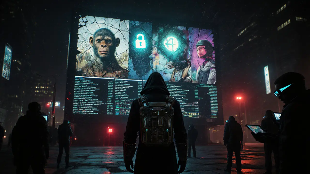 A figure before a billboard of locked NFTs, with blockchain logs scrolling in a dark urban setting.