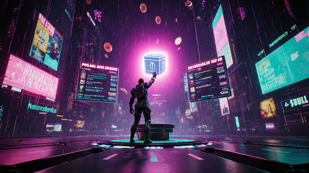 A cyber‑armored avatar opens a glowing NFT loot box in the Necrodemic game arena with holographic leaderboards.