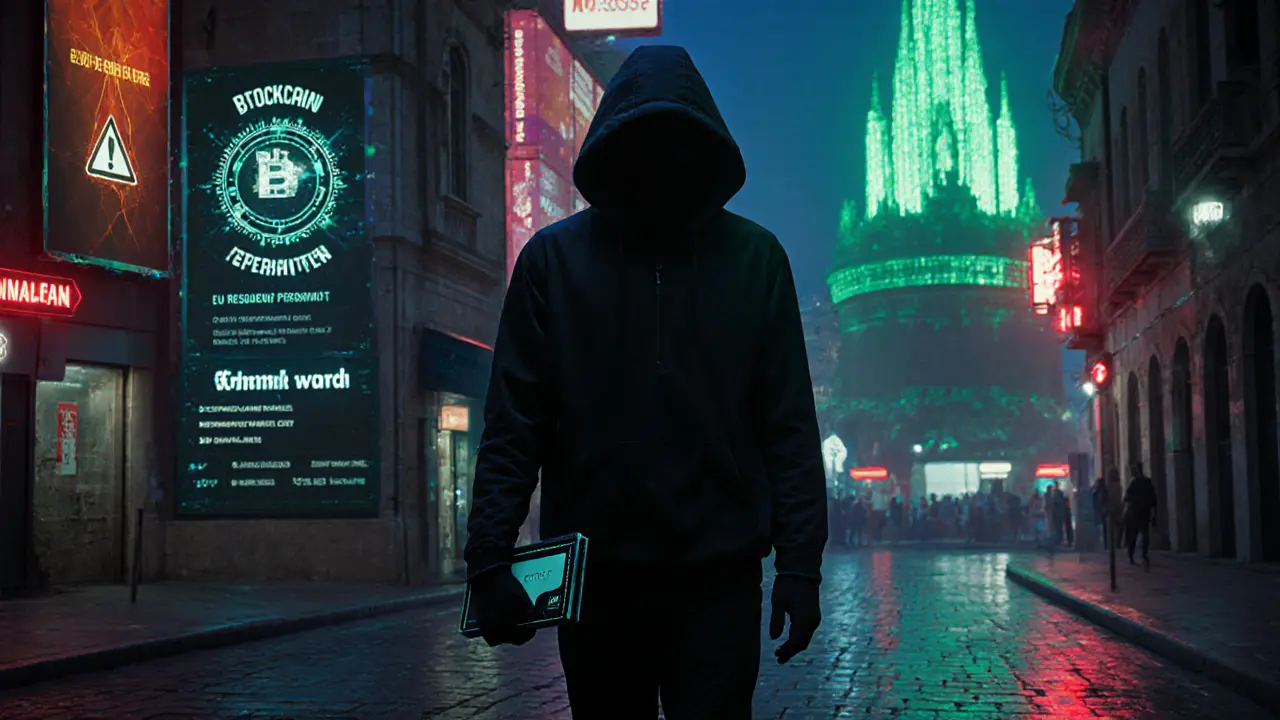 A figure in a dark alley carrying a crypto wallet, with EU tax warnings glowing behind them in neon.
