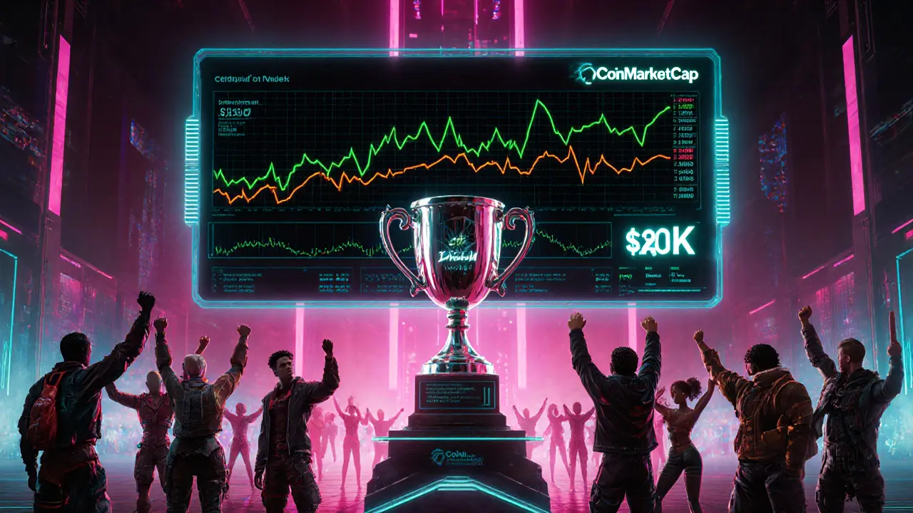 A holographic CoinMarketCap dashboard shows real‑time $BULL price beside a trophy, surrounded by celebrating avatars.