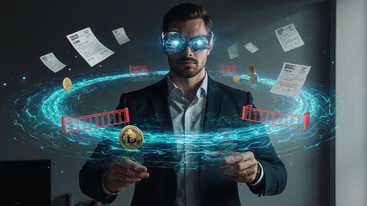 A tax advisor projecting a 3D remittance model, showing crypto gains flowing around Malta while income is taxed.