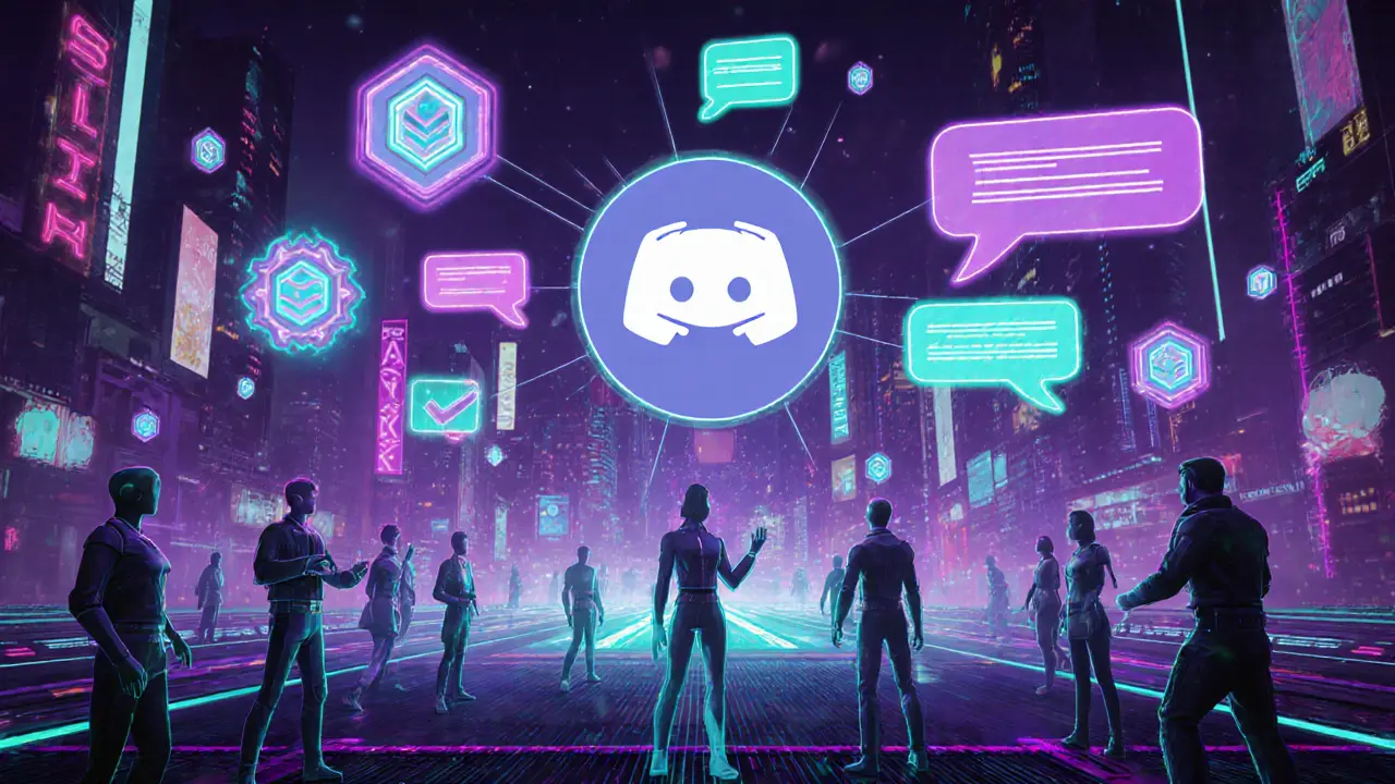 Active virtual community chat with glowing avatars in cyberpunk digital space