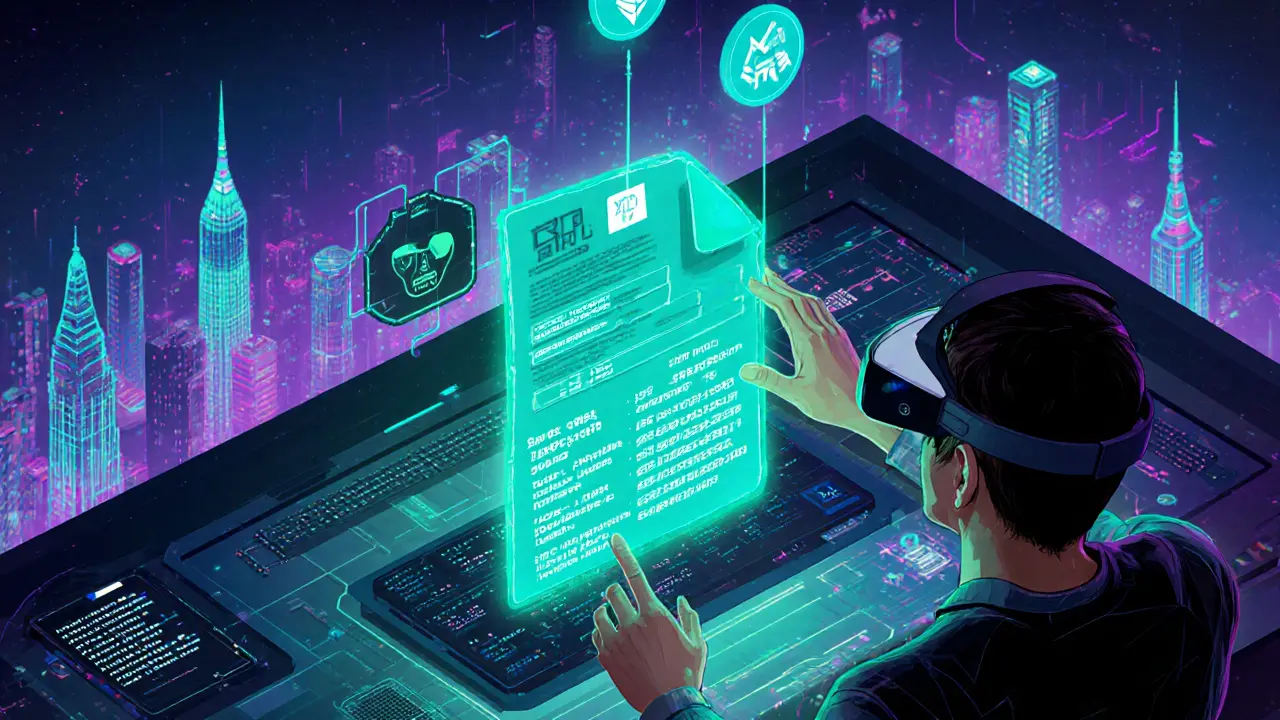 AR user manipulating a glowing 3D DID Document connected to blockchain icons.