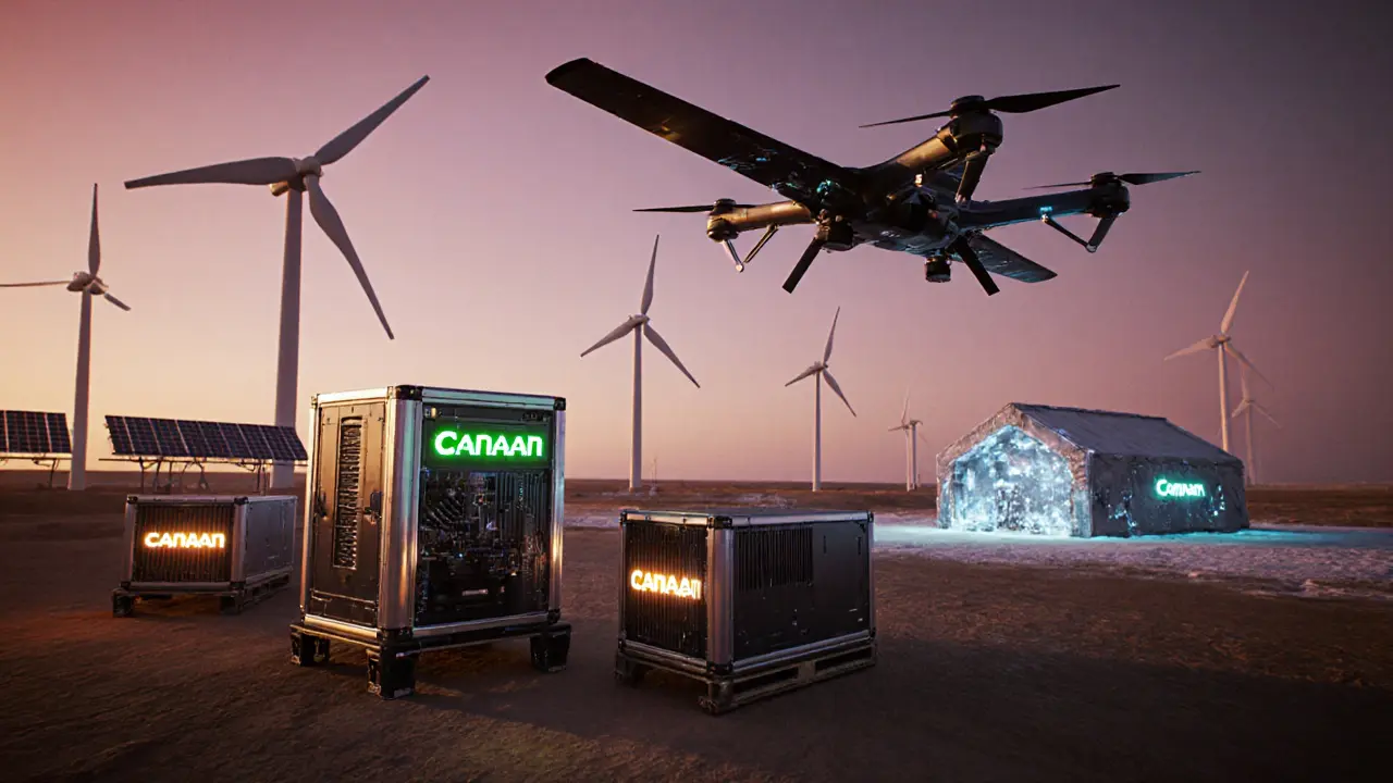 Canaan&#039;s mining rigs loaded onto glowing drones in a desert hub, with a Siberian outpost nearby.