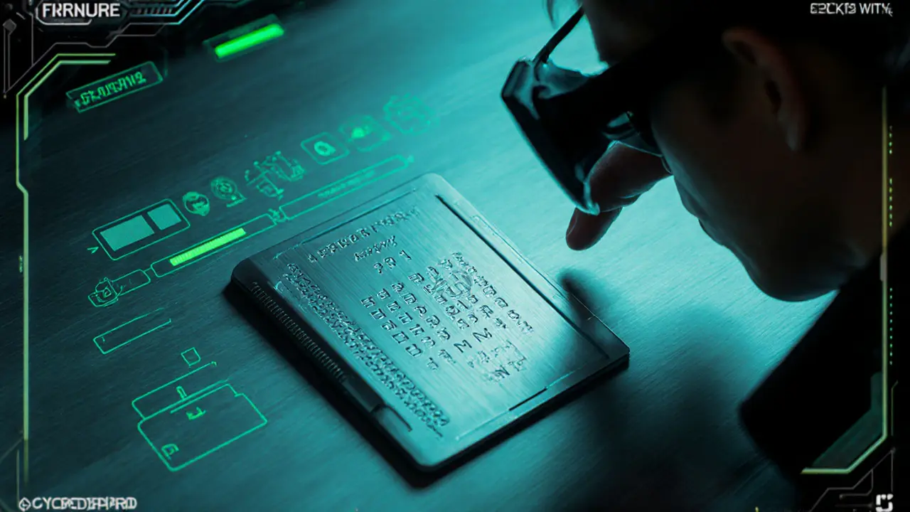 Close‑up of a cyberpunk hardware wallet and holographic seed phrase on a steel plate.