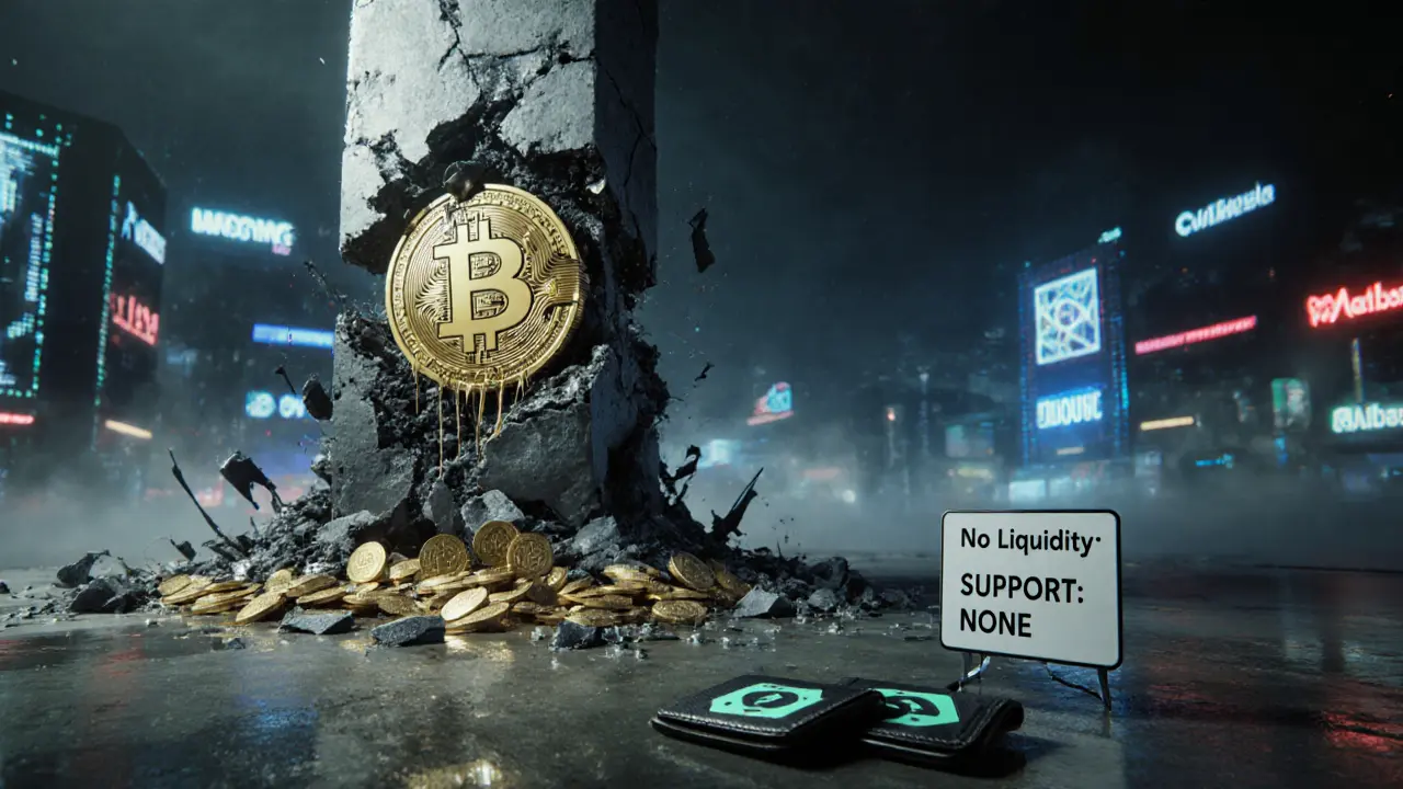 Collapsing blockchain tower with MIMO token breaking apart amid empty wallets