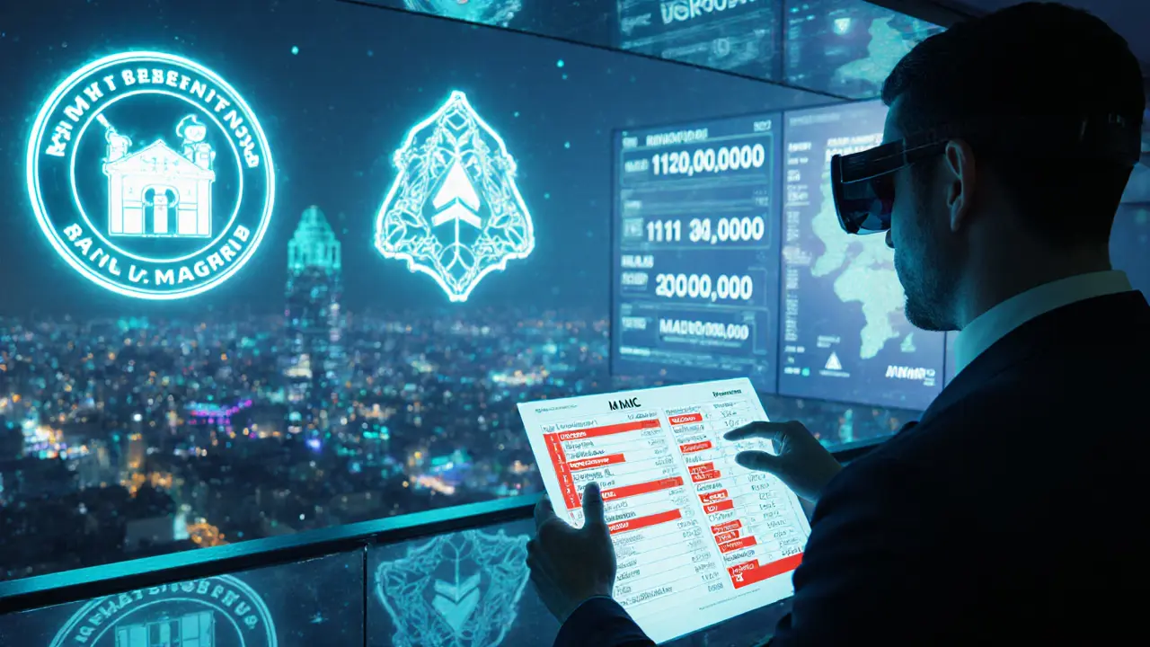 Cyber‑detective reviews crypto transaction ledger with holographic agency logos and fine amounts.