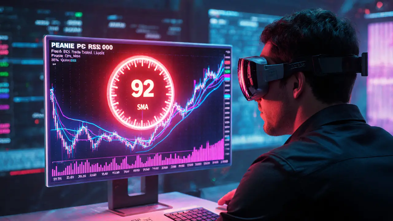 Cyber trader examining holographic PEANIE charts showing RSI 92 and thin liquidity.