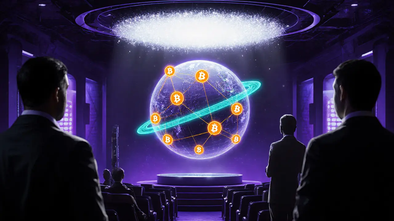 Cyberpunk conference scene with holographic multi-chain globe, cross-margin energy field and shadowy regulators.