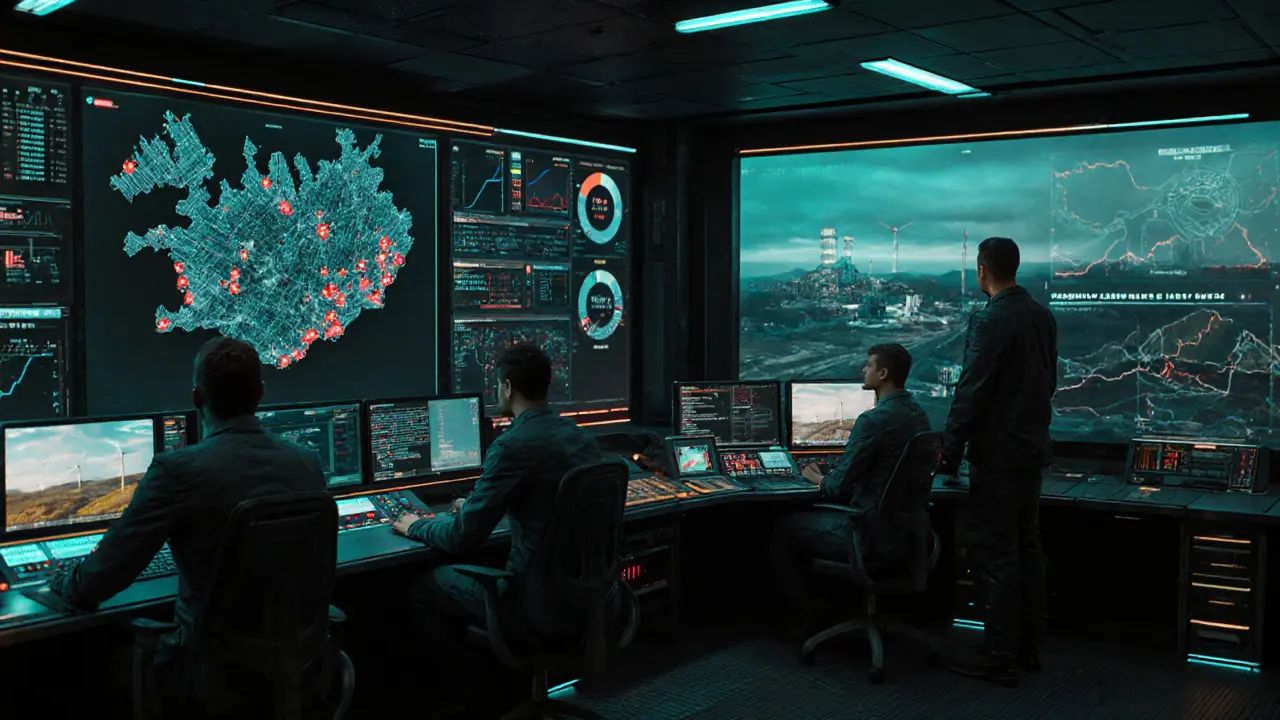 Cyberpunk control room showing holographic dashboards monitoring mining power use.