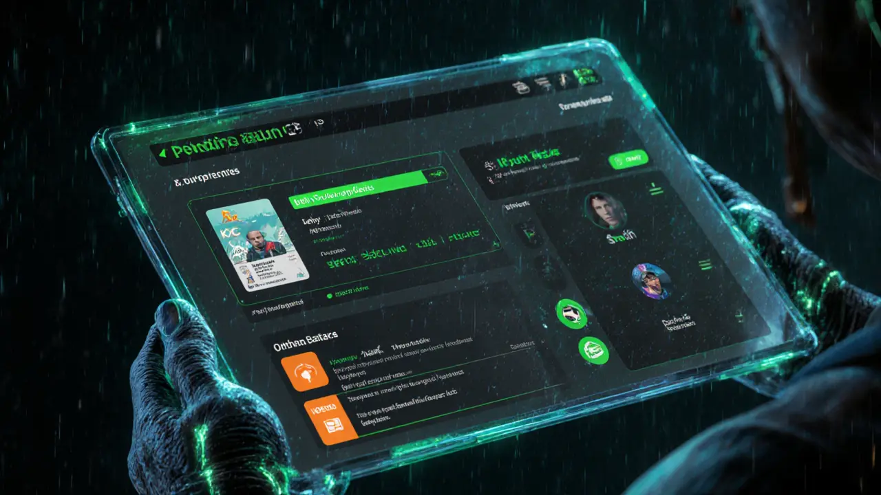 Cyberpunk dashboard showing pending ASK balance and KYC panel.