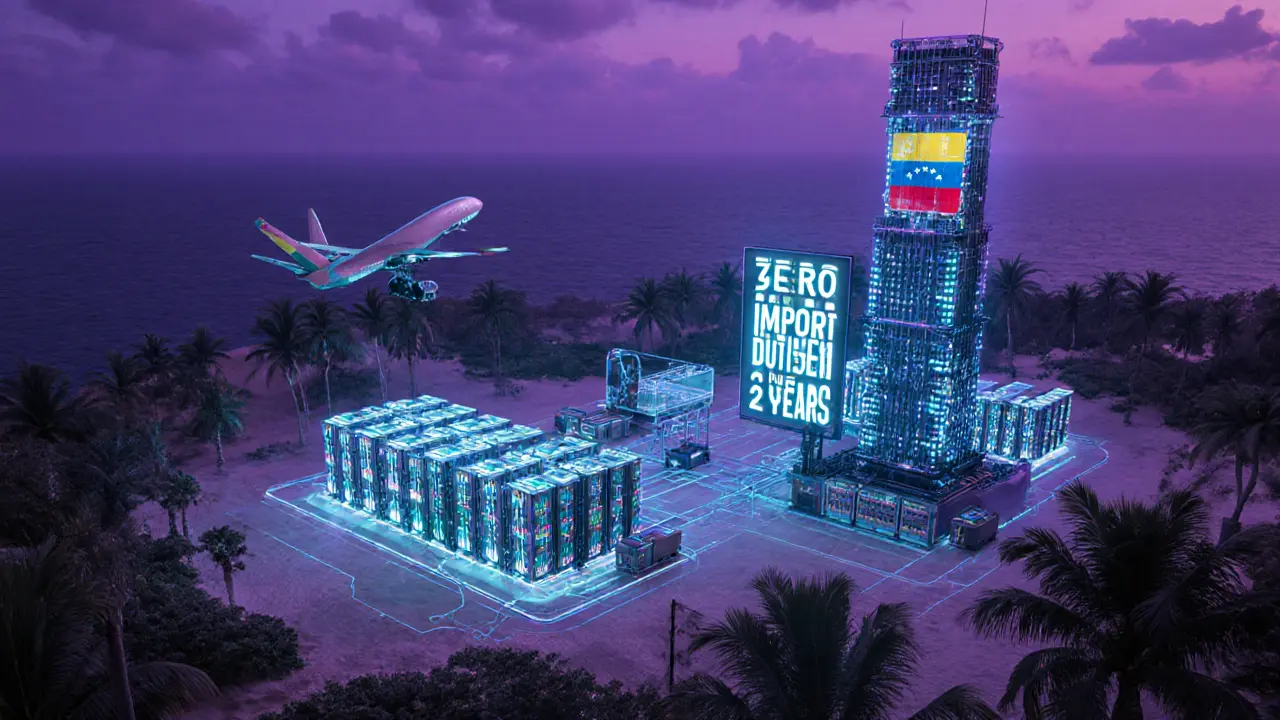 Cyberpunk Petro mining zone on Margarita Island with glowing rigs and tax‑free banner.