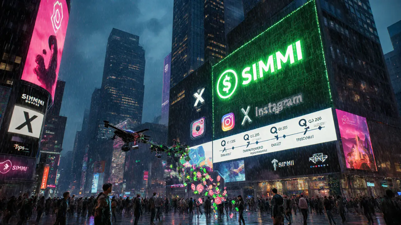 Futuristic city billboard showing SIMMI logo and roadmap with avatars exchanging tokens.