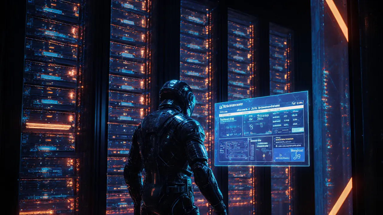 Futuristic data center with glowing ZK chips processing private blockchain transactions.