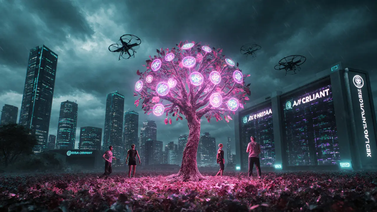 Futuristic hospital with patients syncing health data to a ROSE-powered blockchain node.