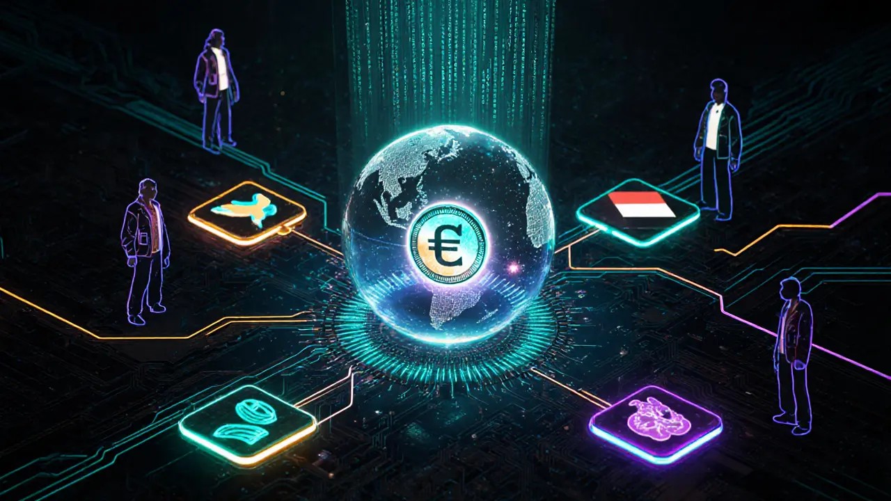 Futuristic hub showing neon network lines connecting China, Hong Kong, Thailand, and UAE via mBridge.