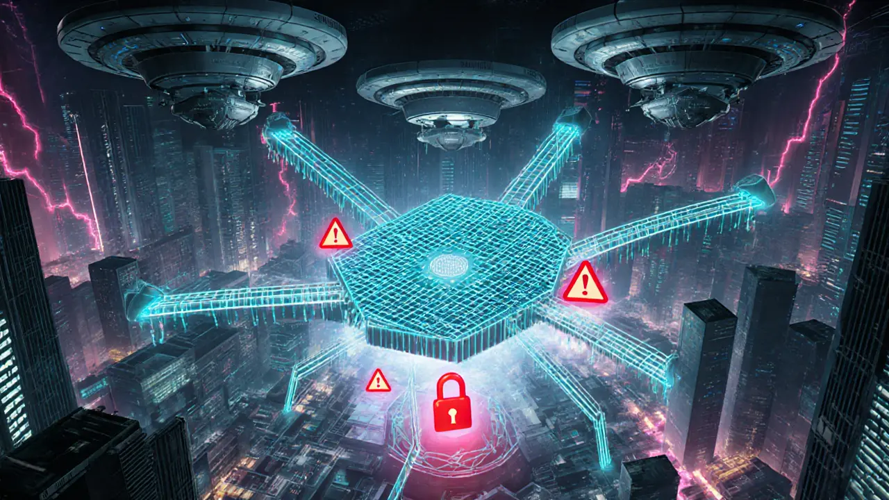 Futuristic institutional drones feeding capital into a glowing liquidity aggregator with neon bridges.
