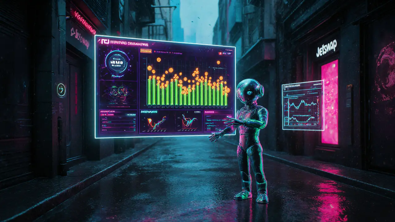 Futuristic JetSwap dashboard showing liquidity pools and token flows in neon colors.