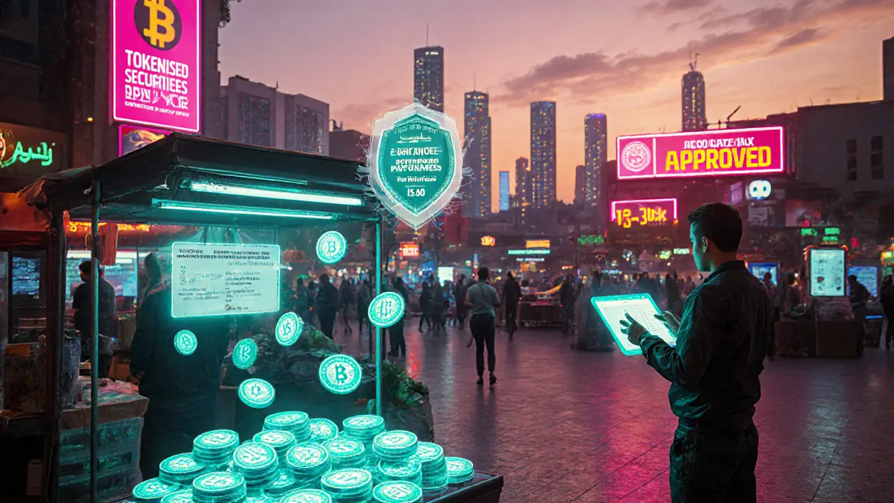 Futuristic market stall shows digital dirham tokens, licensing badge, and tax UI in neon lights.