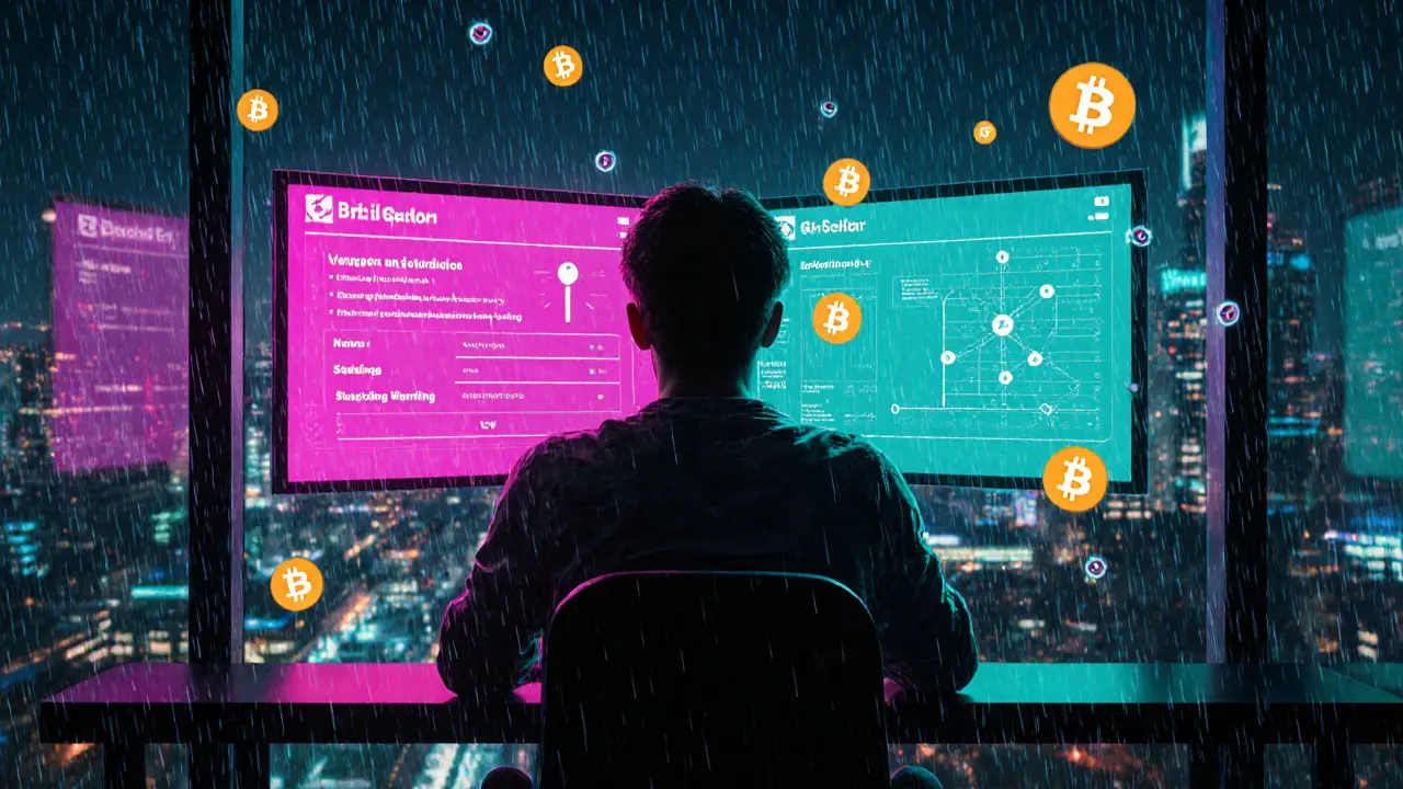 Futuristic operator watches staking rewards and full node sync on dual holographic screens.