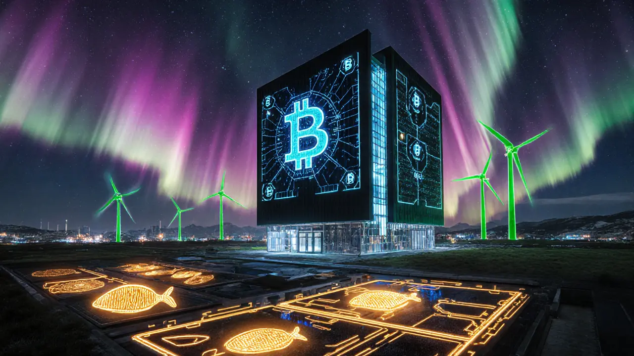 Futuristic Reykjavik hub with holographic blockchain nodes and heat‑recovery systems.