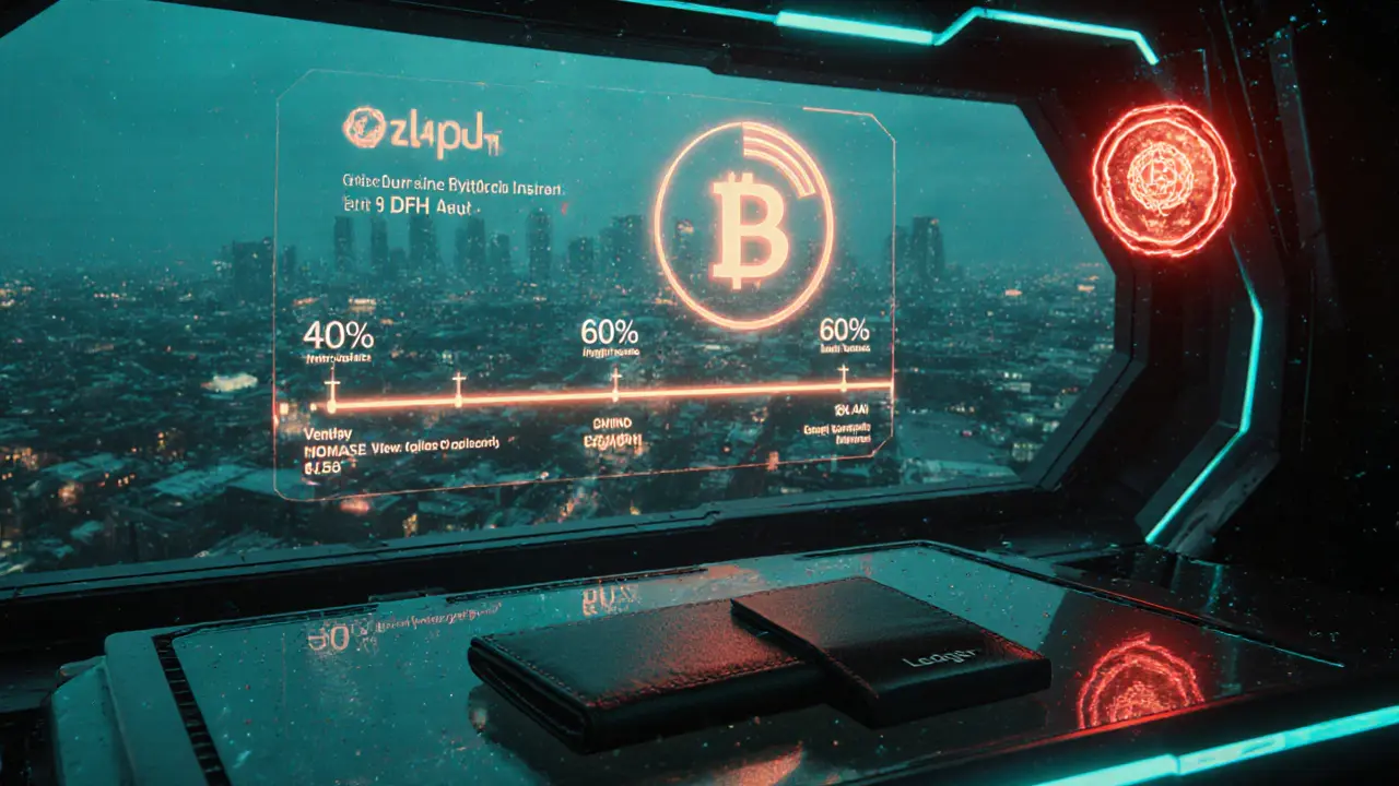 Futuristic room showing DFH tokens, vesting schedule, and staking dashboard.