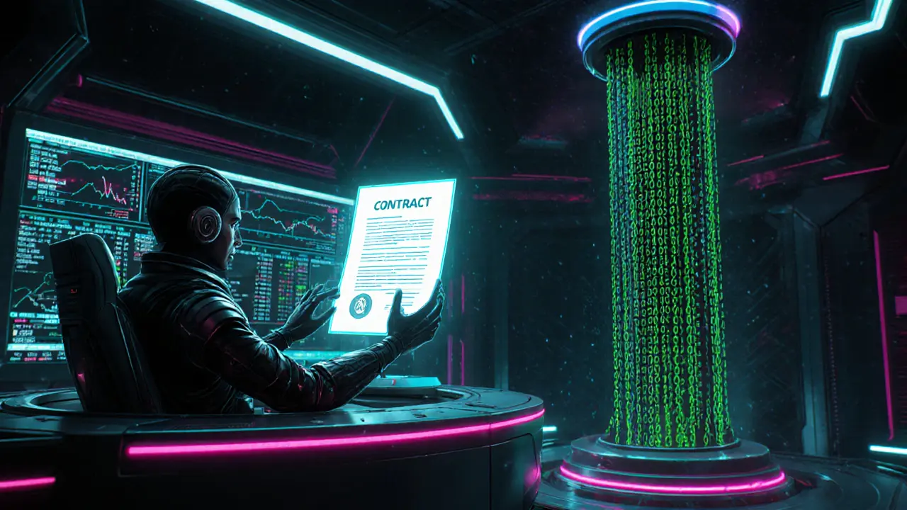 Futuristic trader in holographic cockpit creating a contract, oracle data stream, and trading UI in cyberpunk neon.