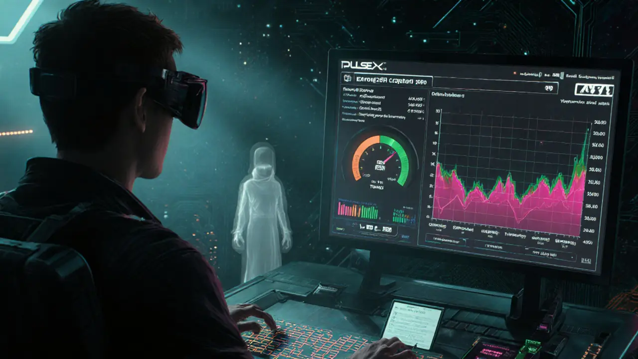 Futuristic trading console showing tiny TONI liquidity pool bars and low volume indicators.