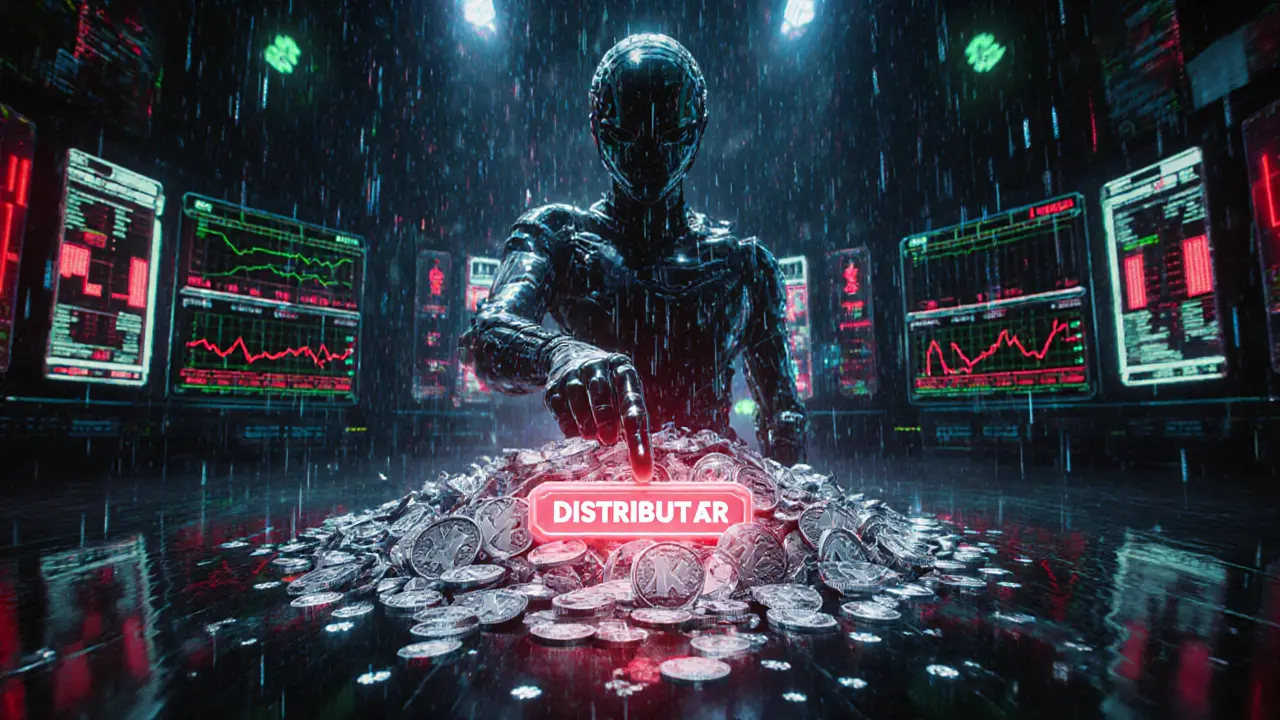 Futuristic trading floor with holographic MX staking and WSPP tokens raining down after a distribution click.