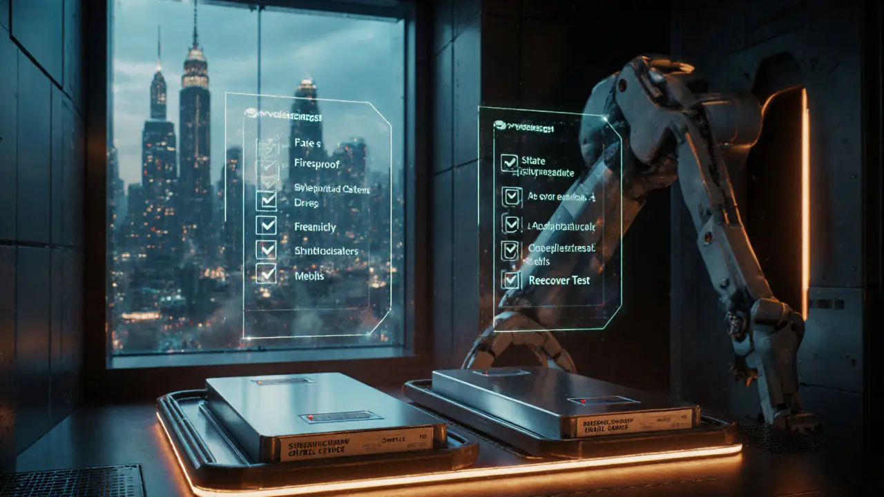 Futuristic vault showing steel backup plates with holographic backup checklist.