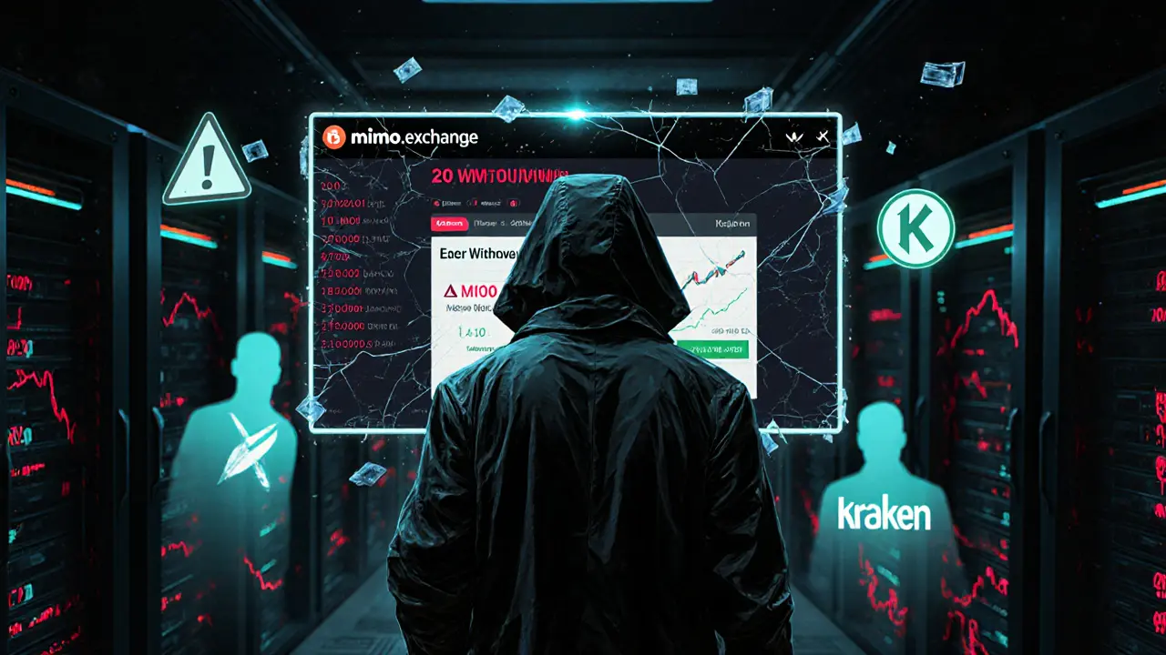 Hacker facing a failed withdrawal screen with plummeting MIMO token charts