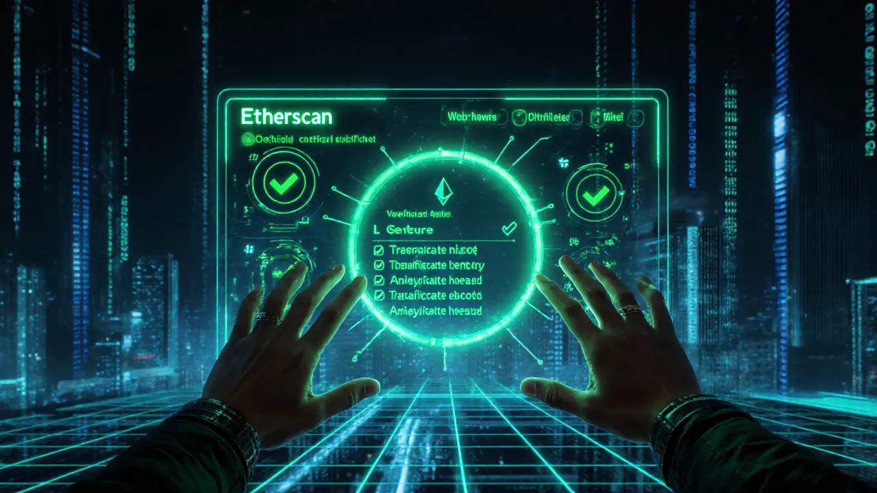 Hacker verifying token contract on Etherscan with green checkmarks in cyberpunk style