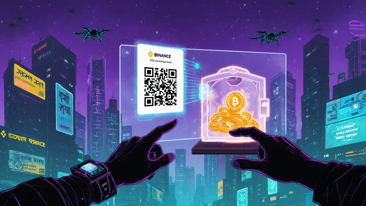 Holographic Binance P2P trade showing QR code scan and glowing escrow vault.