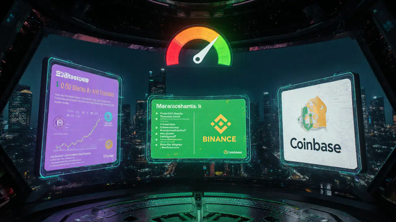Holographic comparison of BitStorage, Binance, and Coinbase with risk meter.