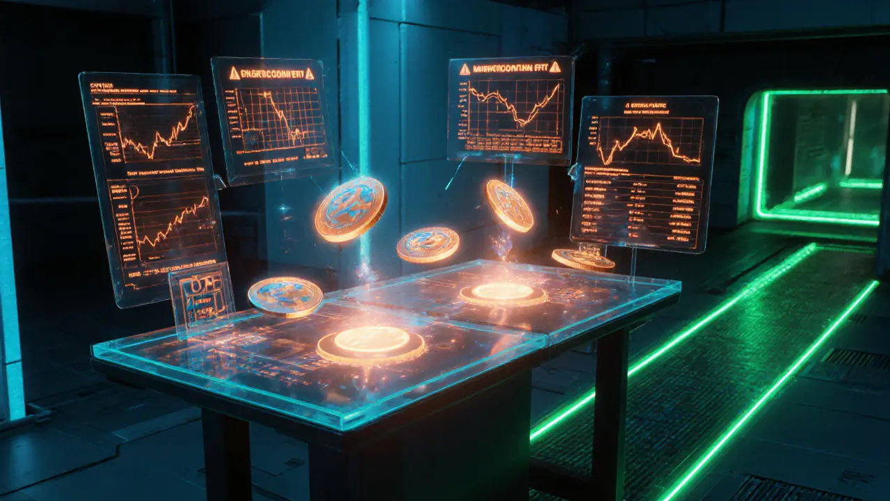 Holographic lab showing NFT‑DeFi marketplace, low‑liquidity warnings, and a glowing path to a Layer‑2 tunnel.