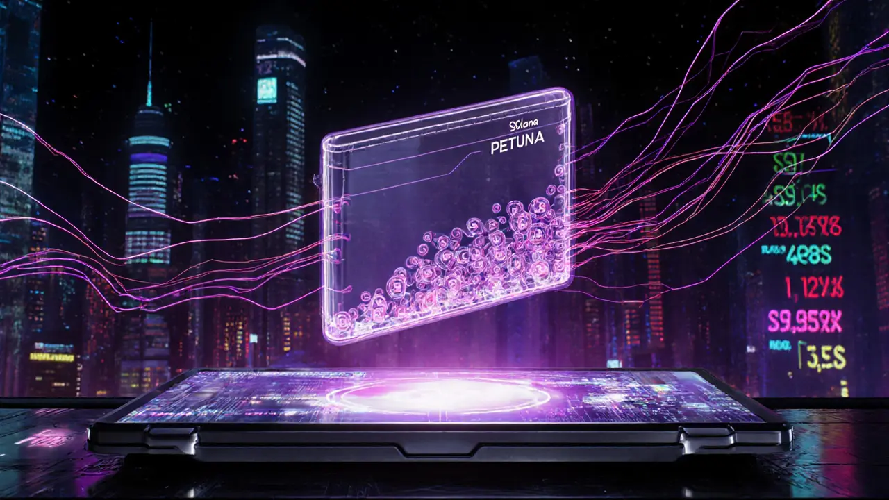 Holographic wallet showing PETUNIA tokens and glowing data streams on a cyber‑city.
