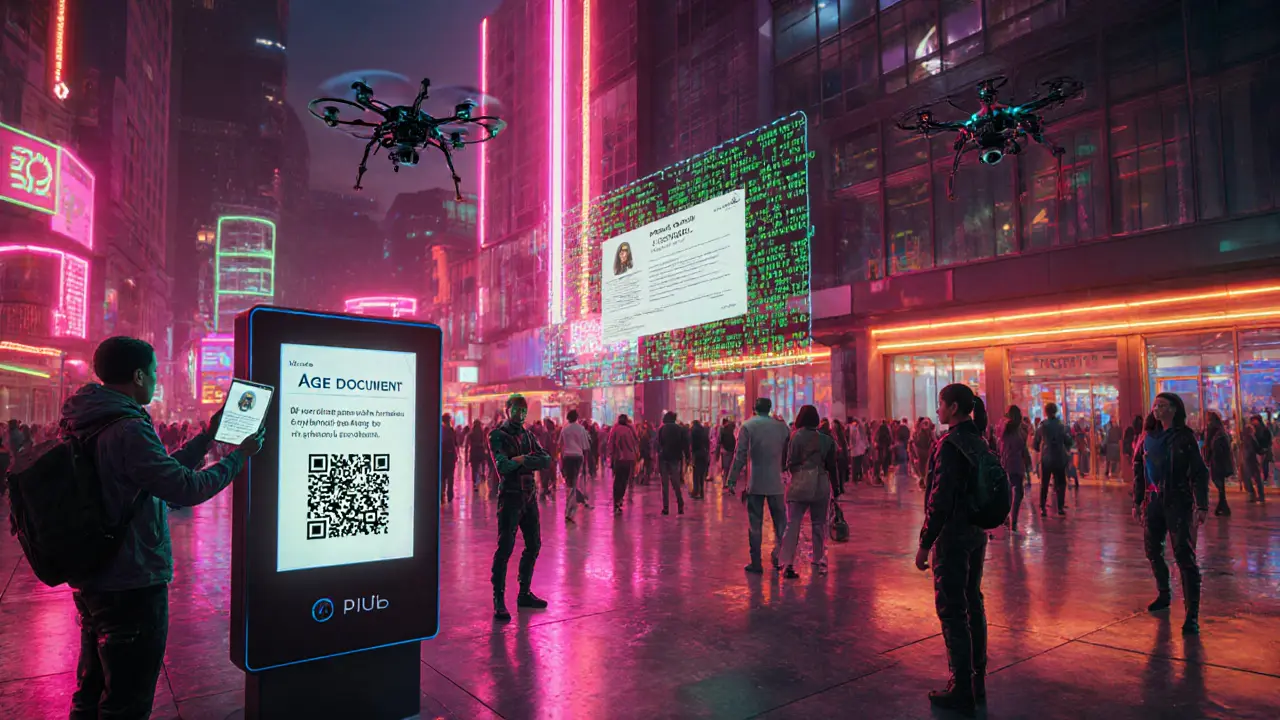 Neon city plaza with a kiosk scanning a DID for age verification and medical access.
