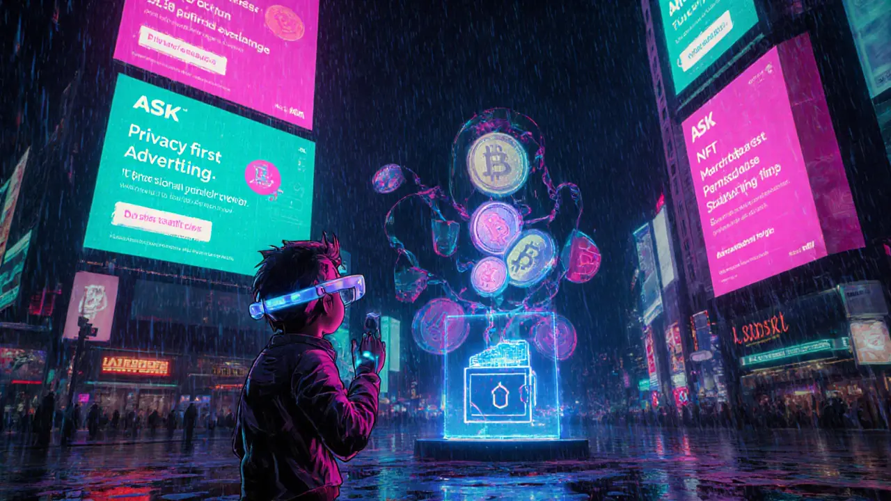 Neon cityscape with ASK token ads and futuristic avatar.