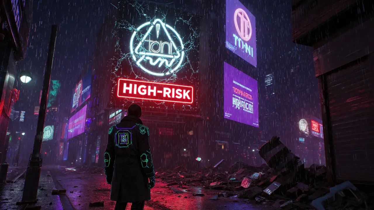 Nighttime cyberpunk alley with broken TONI neon billboard flashing a high‑risk warning.