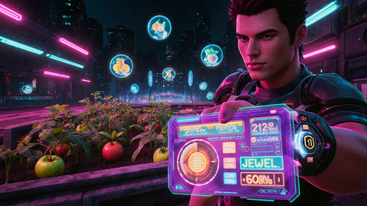 Player harvesting JEWEL from quests, gardens, NFTs, and PvP arena.