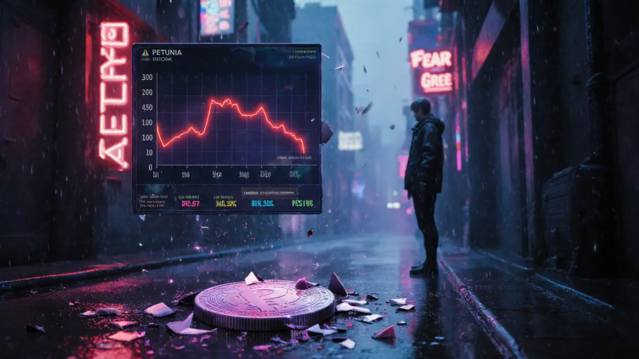 Rain‑soaked cyberpunk alley with shattered PETUNIA coin and declining graph.