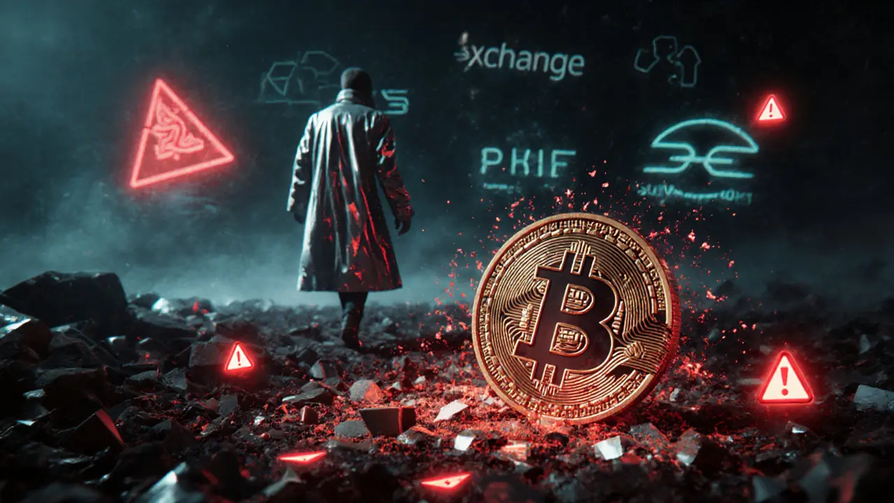 Shattered neon PEANIE coin in a digital waste chute with warning symbols and a cautious figure.