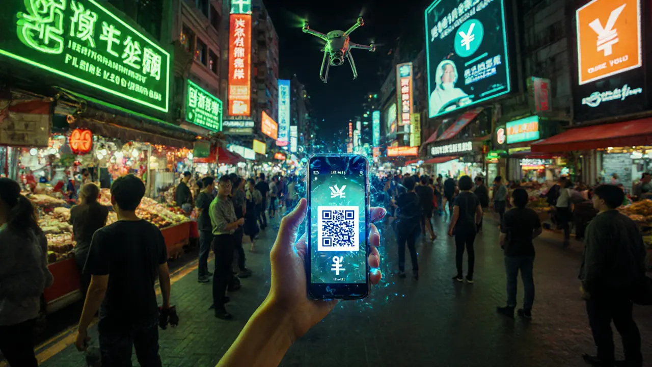 Shenzhen market where people use glowing e‑CNY wallets on smartphones for payments.