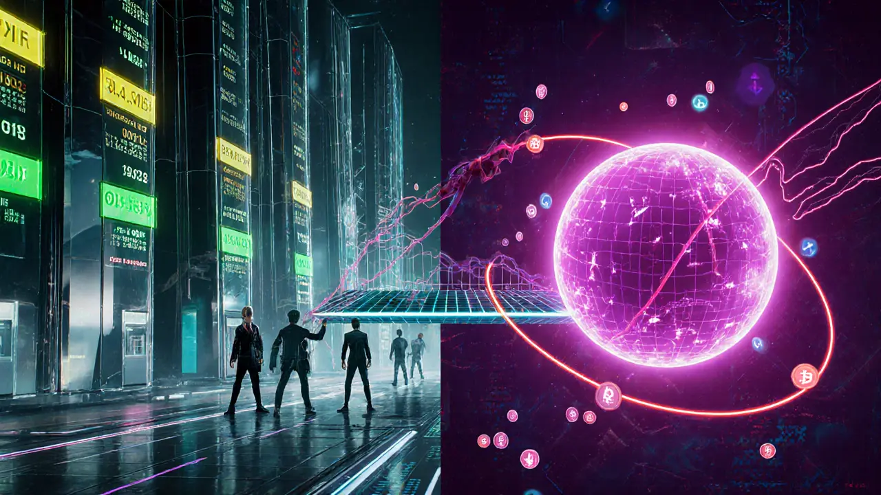 Split view of a CEX order book and a DEX liquidity pool in a cyberpunk holographic style.