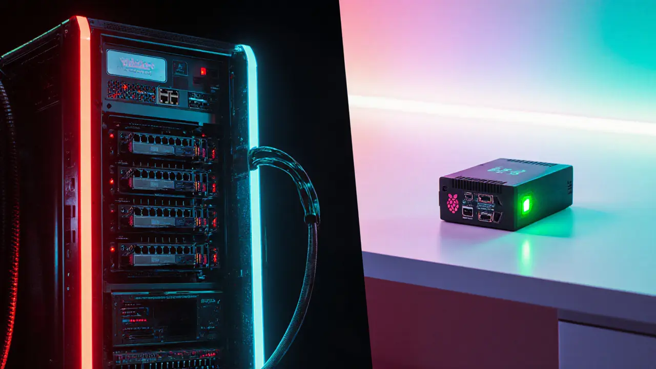 Split view of a massive validator rig with red‑cyan LEDs versus a tiny Raspberry Pi node.