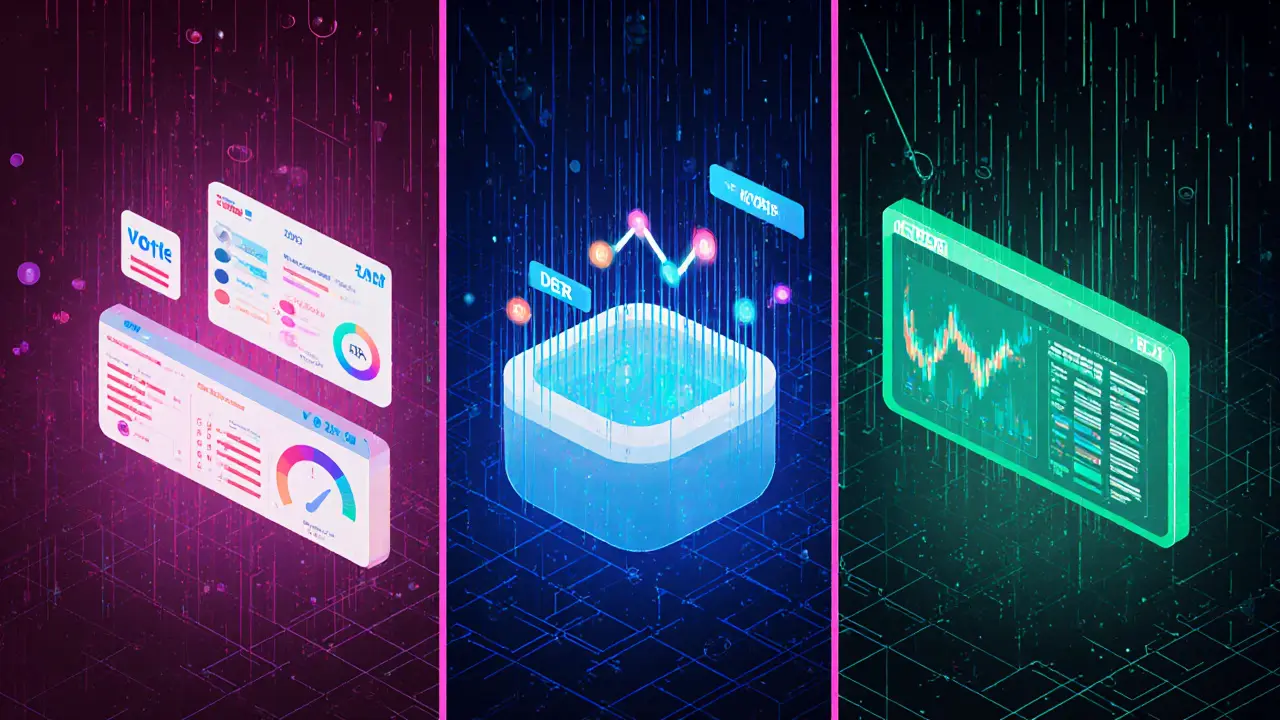 Three cyber‑grid panels depicting voting, staking, and swapping DFH tokens.