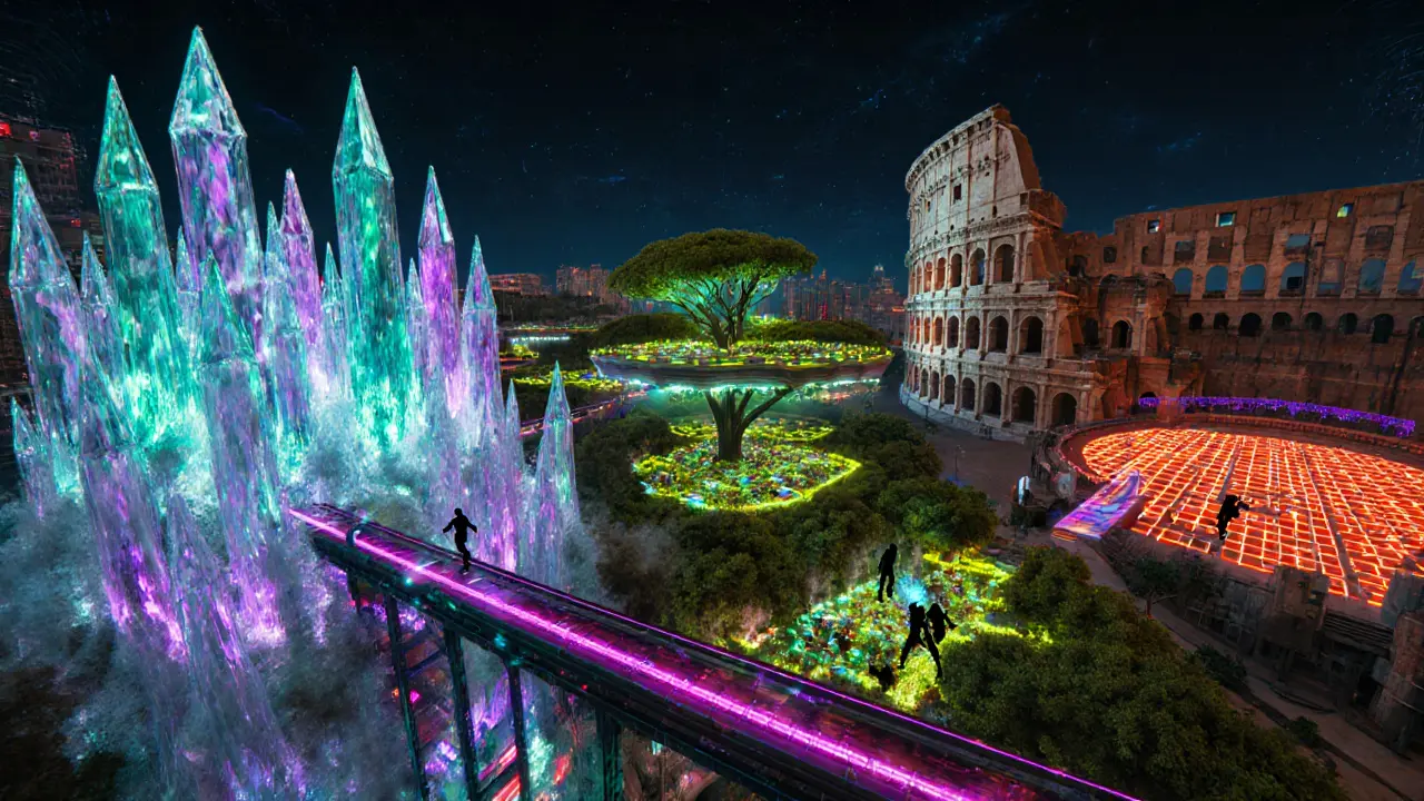 Three cyberpunk realms—crystal city, garden, arena—linked by glowing bridges.