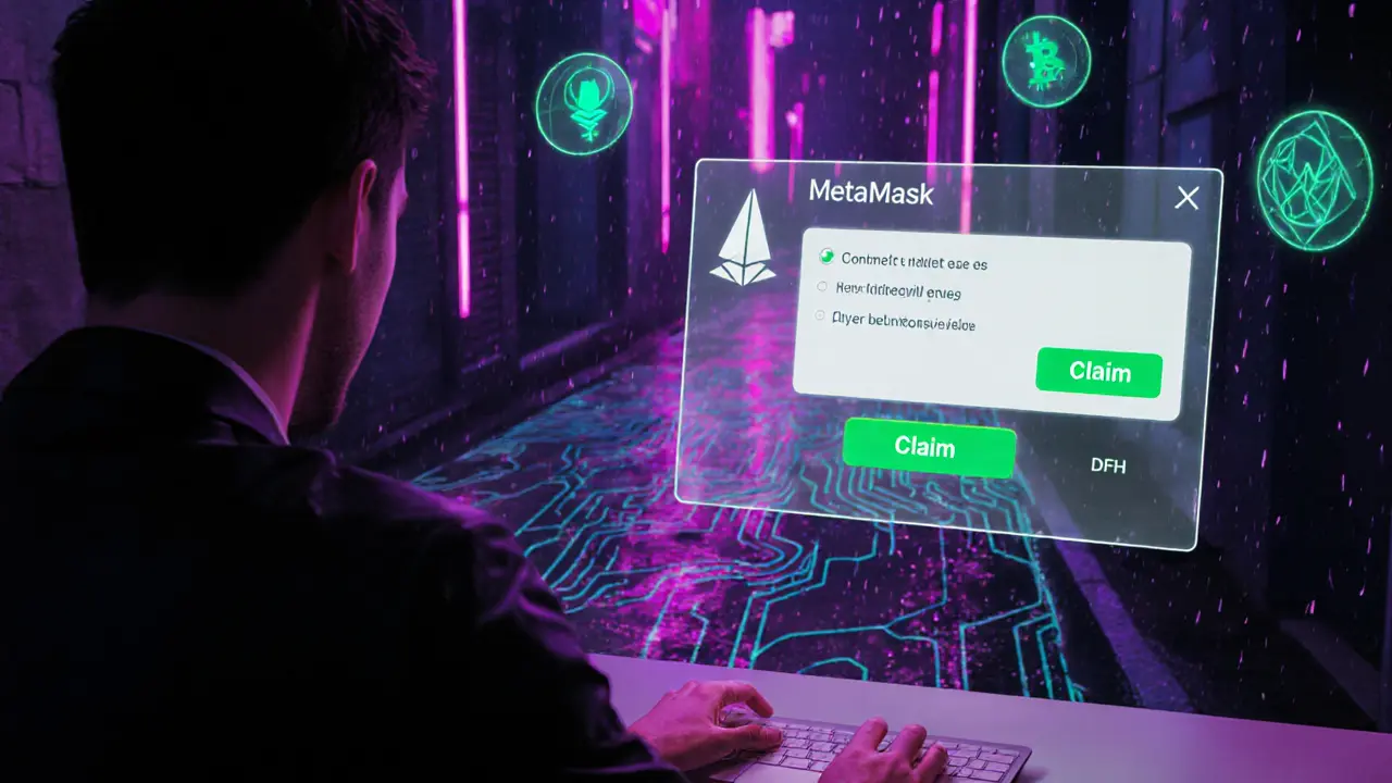 User connecting MetaMask to a holographic claim UI with glowing buttons.