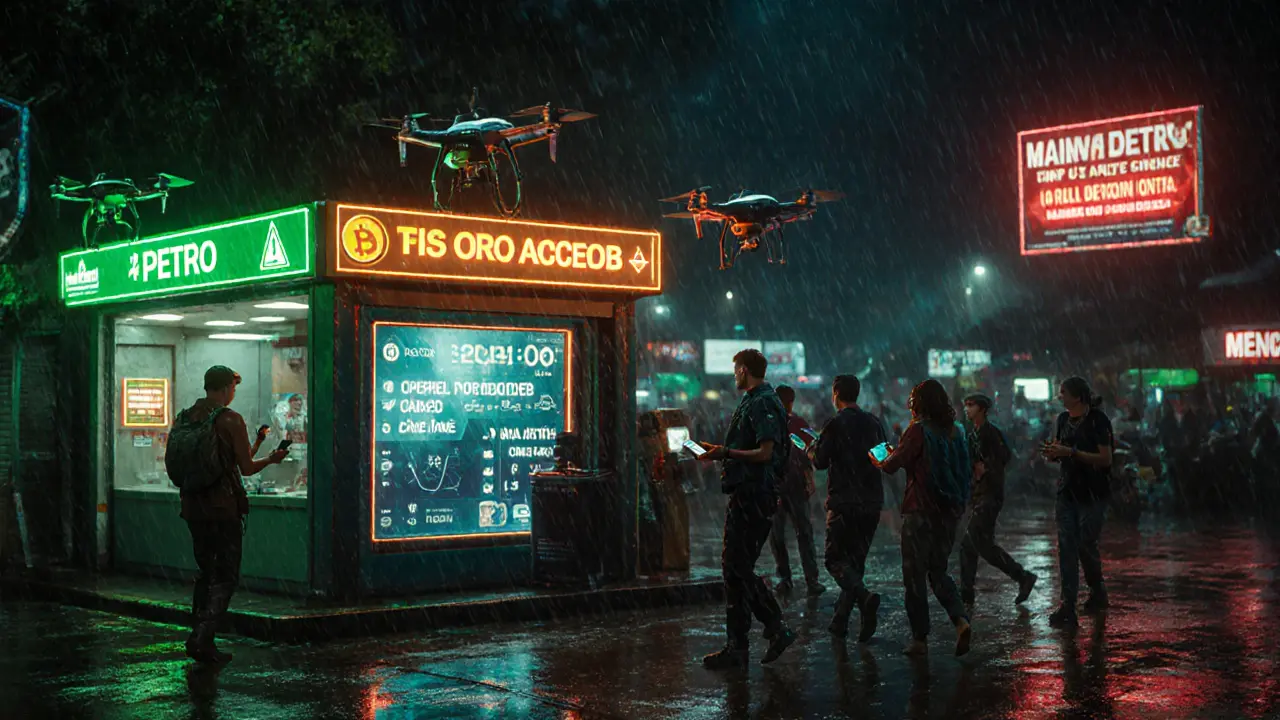 Venezuelan market showing Bitcoin kiosks and a guarded Petro payment office under rain.