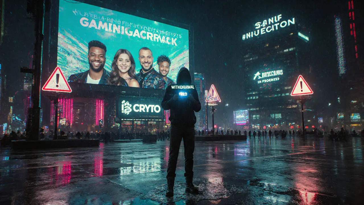 Victim in cyber-city watching drained wallet as fake ads glow above real IGT building